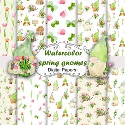 Watercolor spring gnomes, seamless patterns.