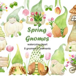 Watercolor spring gnomes, clipart.