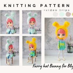 blythe pattern knitting hat bunny, blythe hat knit tutorial, doll hat knitting pattern, blythe clothes