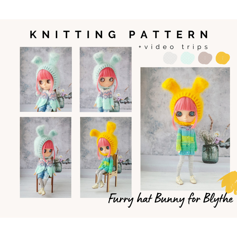 Blythe pattern knitting hat Bunny, Blythe hat knit tutorial, Doll hat knitting pattern, Blythe clothes