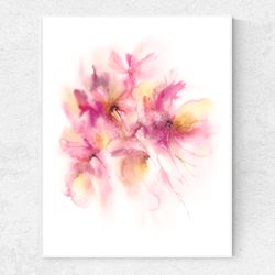 Pink abstract flowers watercolor painting for bedroom wall decor. Impressionist floral art. Neutral nursery wall decor