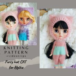 blythe knitting pattern hat cat, blythe knit helmet tutorial, pdf blythe clothes, primitive pattern for blythe