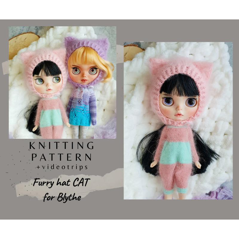 Blythe knitting pattern hat cat, Blythe knit helmet tutorial, PDF Blythe clothes, Primitive pattern for Blythe