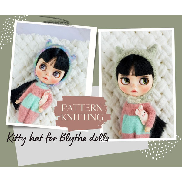 Pattern kitty hat for Blythe doll, Blythe knit helmet, Blythe knitting hat pattern, Knitting for dolls