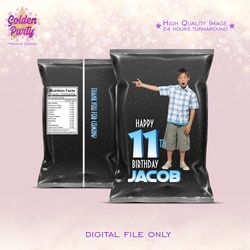 Black chips bag with photo, Black candy bag, Black chips pouch with photo