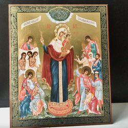 Joy of All Who Sorrow Mother of God | Wooden Orthodox Icon. Gold silver foiled, 15 7/8"x13 1/8" (40cm x 33 x 0.8 cm)