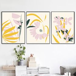 abstract flowers yellow pink art floral print abstract plants 3 piece wall art large poster digital prints kitchen art