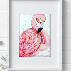 Pink flamingo original watercolor 8x11 inch bird painting by Anne Gorywine