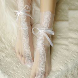 White lace socks for women ribbon straps emroidered mesh sheer socks for women lace up cute ruffle