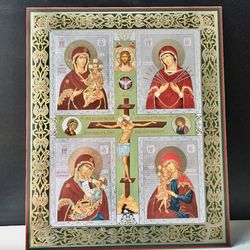 Four Icons of the Mother of God with Crucifixion of Christ | Gold and silver foil | 15 7/8"x13 1/8" (40cm x 33 x 0.8 cm)