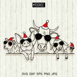 Christmas Farm Animals With Santa Hat And Sunglasses Svg, Cow Pig Goat Rooster Sheep, Christmas Farmhouse Sign Cut Files