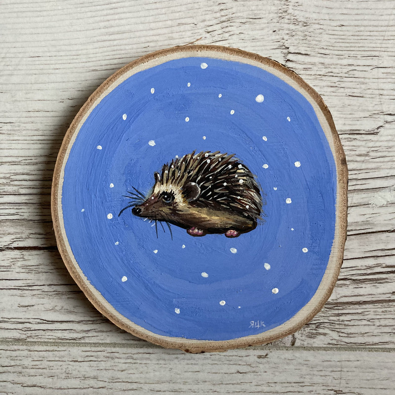 Hand Painted Christmas Ornament, Wooden Ornaments, Gouache Painted Ornament, Homemade Art, Wood Slice Christmas Ornament - Hedgehog.jpg