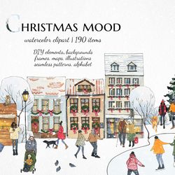 christmas city clipart, watercolor winter house illustrations