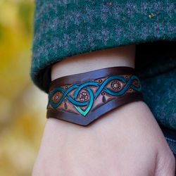 Green and blue celtic bracelet, celtic leather wristband, celtic design bracelet with triskel and trinity knot