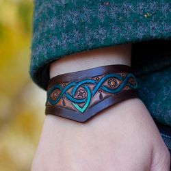 green and blue celtic bracelet, celtic leather wristband, celtic design bracelet with triskel and trinity knot
