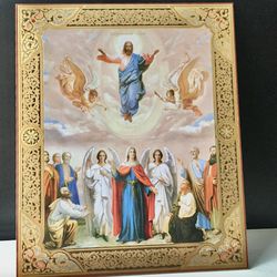 Ascension of Jesus | Large XLG Lithography print on wood | Gold foiled | Size: 15 7/8"x13 1/8" (40cm x 33 x 0.8 cm)