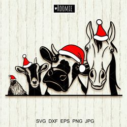 christmas farm animals with santa hats svg cricut, cow horse goat chicken, farmhouse sign, farm animals laser cut file