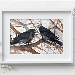 2 Crow 8x11 inch original watercolor raven art black birds raven painting by Anne Gorywine