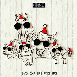christmas farm animals with santa hats and sunglasses svg cricut, cow horse goat chicken pig sheep, farmhouse sign
