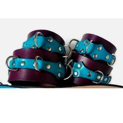 Purple turquoise leather bdsm set wrist and ankle cuffs