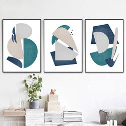 abstract modern art printable art 3 piece prints blue gray wall art large poster geometric print triptych concept art