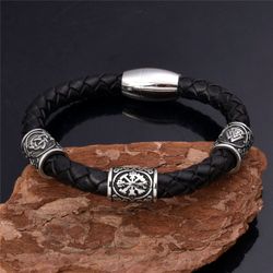Viking Leather Bracelet with Stainless Steel Inserts Retro Scandinavian Runes Vegvisir Icelandic Handmade Jewelry