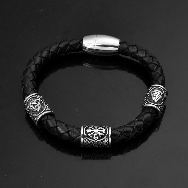Retro Norse Runes Leather Bracelets Men's Vegvisir Stainless Steel 2.jpg