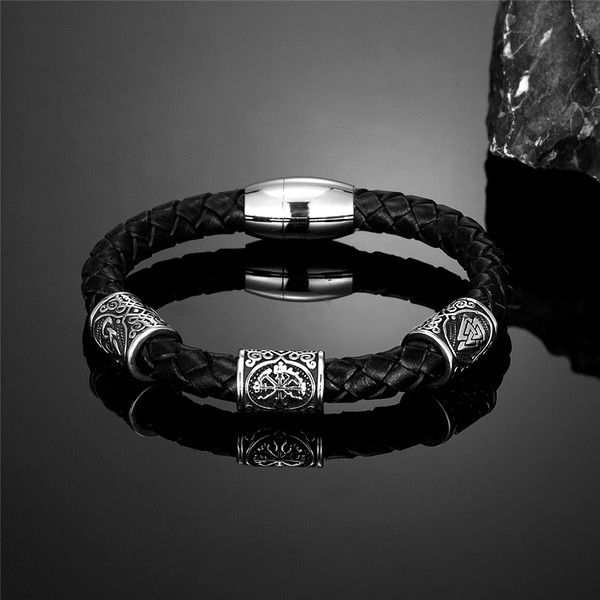 Retro Norse Runes Leather Bracelets Men's Vegvisir Stainless Steel 1.jpg