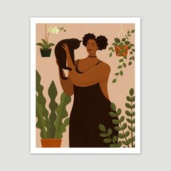 black cat mom art, happy woman with cat, printable poster, melanin women art, curvy black girl art, cat parent gift.