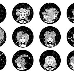 Fantasy Zodiac Girls in Black and White