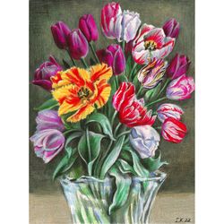 Bouquet of tulips in a vase. Original pencil drawing 15.7x11.8"