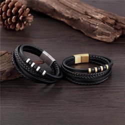Nordic Handmade Leather Bracelet Braided Genuine Leather Bracelet Stainless Steel Charm Bracelets for Men Women