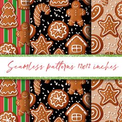 Christmas digital paper. Seamless gingerbread cookies patterns, JPG.  Digital downloads