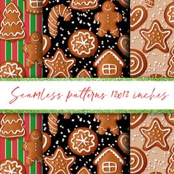 christmas digital paper. seamless gingerbread cookies patterns, jpg.  digital downloads