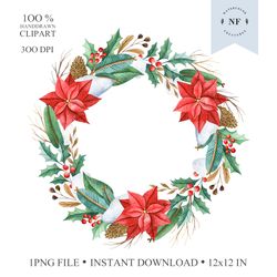 Poinsettia Watercolor Christmas Wreath. Digital clipart, Hand Drawn Graphics. Digital Download. NatArtStudio.