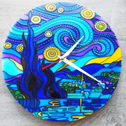 Starry Night Vincent Van Gogh Handpainted stained glass wall clock Famous art Original painting on glass