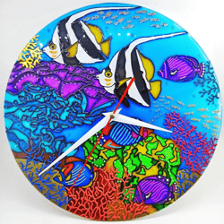 Ocean fish modern wall clock Handmade rainbow stained glass wall decor Seabed Fish wall decor Silent wall clock