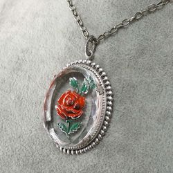 Red Rose Intaglio Necklace Clear Vintage Glass Rose Flower Intaglio Silver Floral Cameo Pendant Necklace Jewelry 7338