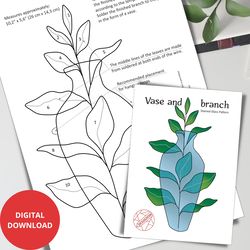 vase with green branch stained glass suncatcher pattern, stained glass panel pattern, leaf home decor, digital download