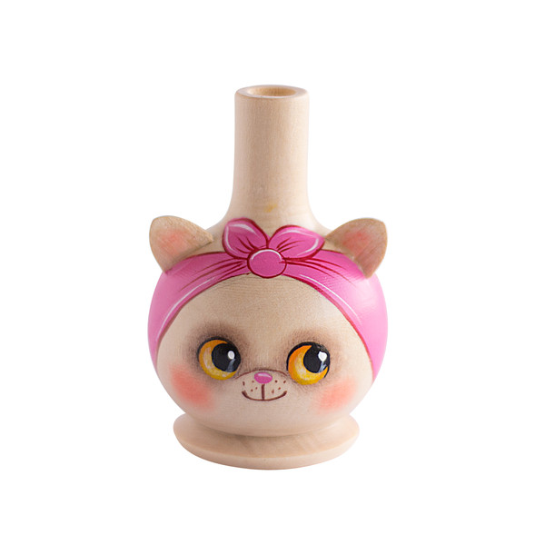 wooden cat whistle with bright pink headband