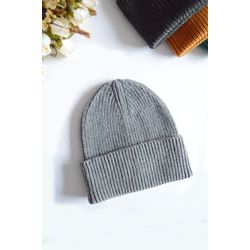 Grey knitted hat with lapels. Warm knitted merino wool hat.