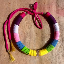 Textile necklace Rainbow Handmade Unique