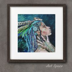 Original Watercolor Painting **Girl and feathers** Office Decoration, room decoration, portrait, face, blue Painting