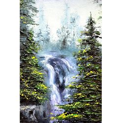 Waterfall Painting Forest Original Artwork 6x4 inch by Oksana Stepanova