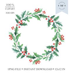Holly and Mistletoe Watercolor Christmas Wreath. Digital clipart, Hand Drawn Graphics. Digital Download. NatArtStudio.