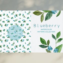 Watercolor Blueberry Seamless Pattern / Blueberries / Digital Berry Paper Pack / Forest Berries / Green Leaves