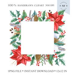 Poinsettia Watercolor Christmas Frame. Digital clipart, Hand Drawn Graphics. Digital Download. NatArtStudio.