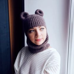 Balaclava knit - winter hats - balaclava with ears - brown wool balaclavas - ski mask - custom balaclava - wool helmet