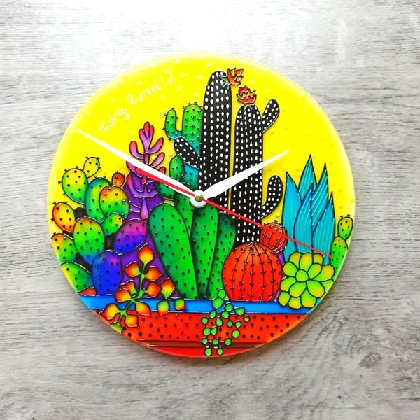 Cactus Tree Clock Stained glass cacti wall clock 10