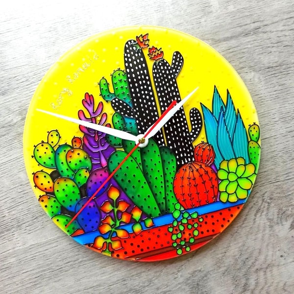 Cactus Tree Clock Stained glass cacti wall clock 10